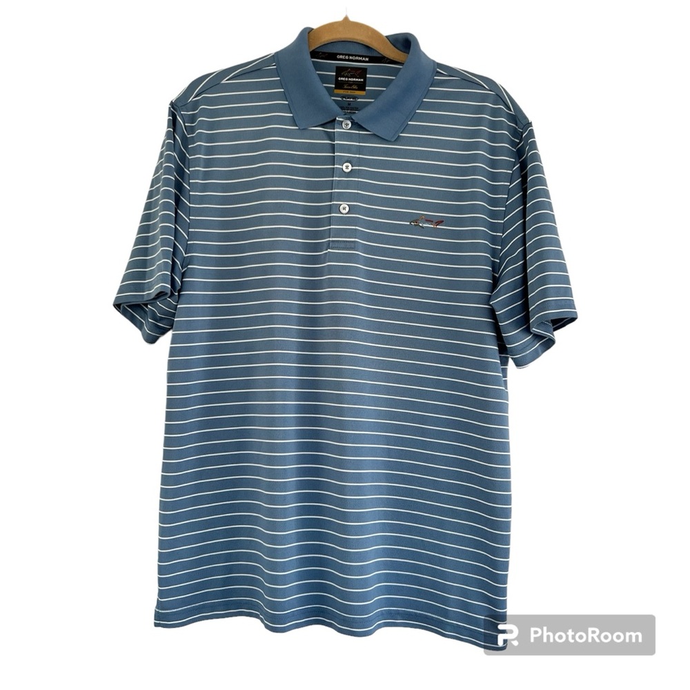Greg Norman for TassoElba Five Iron Men’s Play Dry M Polo, blue w/white stripes